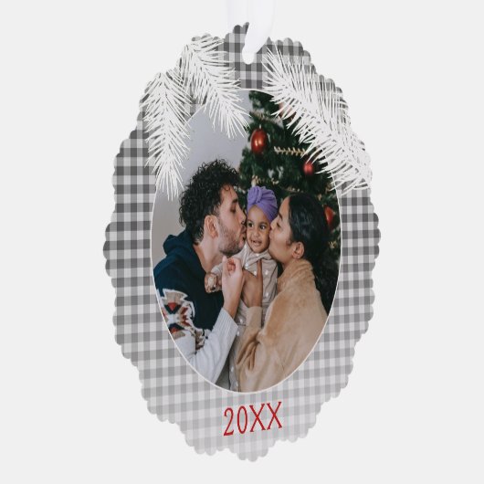 カスタムグレー白い格子柄のギンガムパターン オーナメントカード (右)