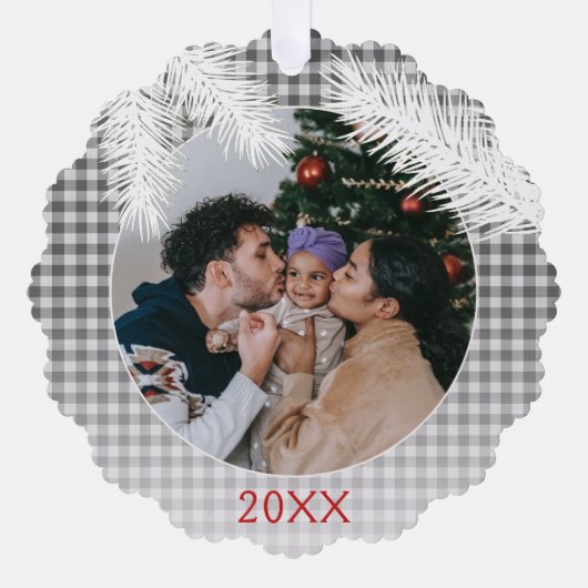 カスタムグレー白い格子柄のギンガムパターン オーナメントカード (正面)