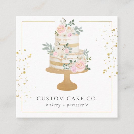 カスタムケーキフローラ金ゴールドグリッターフレームベーカリー スクエア名刺 (正面)