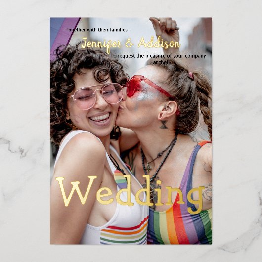 カスタムゲイの写真と水の色の虹の結婚 箔招待状 (正面)