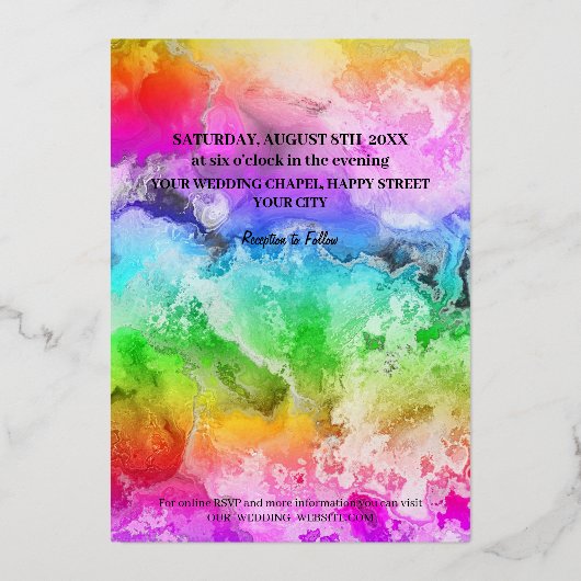 カスタムゲイの写真と水の色の虹の結婚 箔招待状 (裏面)