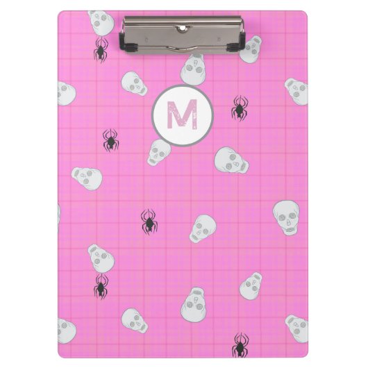 カスタムコケットピンクプレイドハロウィーンスカル クリップボード (正面)