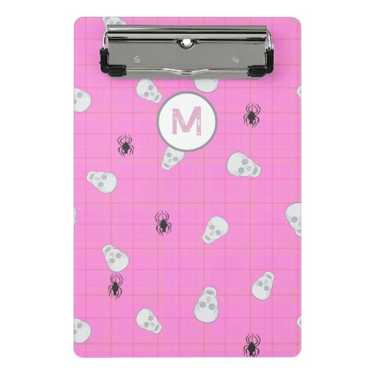 カスタムコケットピンクプレイドハロウィーンスカル ミニクリップボード (正面)