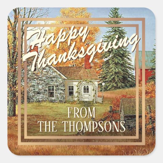 カスタムコテージファーム水の色ハッピーサンクスギビング スクエアシール (正面)