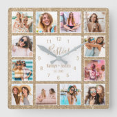 カスタムコラージュの金ゴールドグリッター スクエア壁時計 (正面)