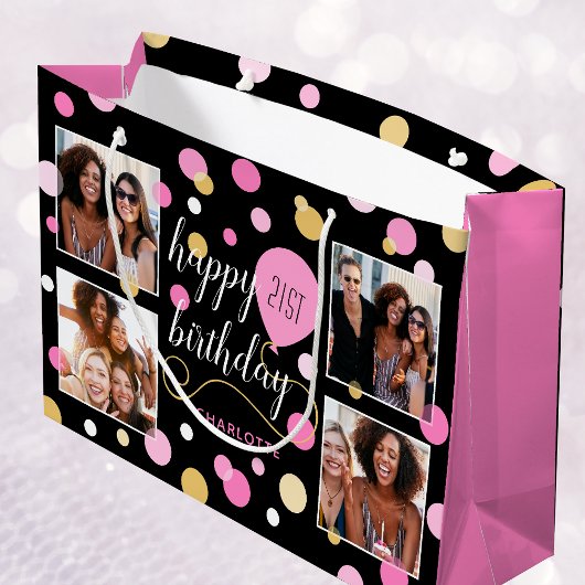 カスタムコラージュ誕生日ピンク ラージペーパーバッグ