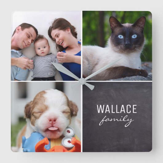 カスタムコラージュ4枚の写パーソナライズされた真,チョーク スクエア壁時計 (正面)