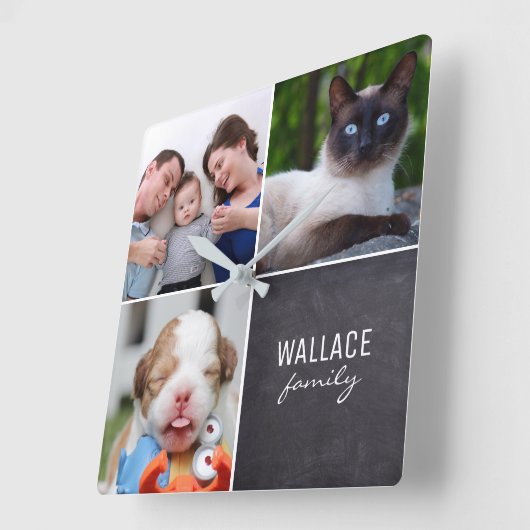 カスタムコラージュ4枚の写パーソナライズされた真,チョーク スクエア壁時計 (傾斜)