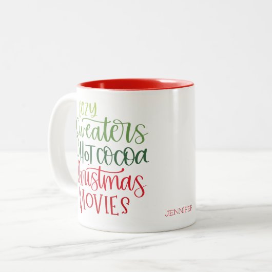 カスタムコージーセーター赤グリーンクリスマス ツートーンマグカップ (正面左)