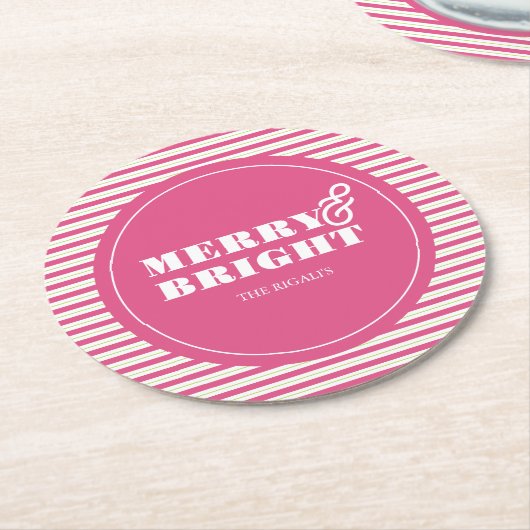 カスタムコースターピンクとグリーンストライプの ラウンドペーパーコースター (アングル)