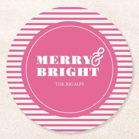 カスタムコースターピンクとグリーンストライプの ラウンドペーパーコースター (正面)