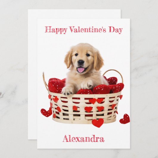 カスタムゴールデンレトリエバーパピー赤いハートバレンタイン シーズンカード (正面/裏面)