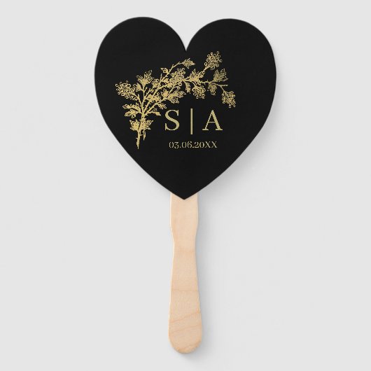 カスタムゴールドフォイルラグジュアリーボタニカルモノグラムモダン ハンドファン (正面)