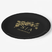 カスタムゴールドフォイルラグジュアリーボタニカルモノグラムモダン ペーパープレート (アングル)