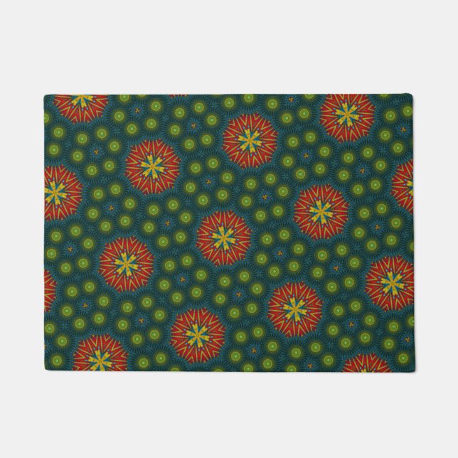 カスタムサイズレッド&グリーンドットトライバルペットボウルマット ドアマット (正面)