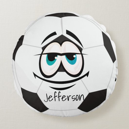 カスタムサッカーの白黒ボールおもしろい顔。 ラウンドクッション (正面)