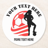 カスタムサッカー女子キッズサッカー誕生日パーティー ラウンドペーパーコースター (正面)