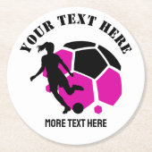 カスタムサッカー女子キッズサッカー誕生日パーティー ラウンドペーパーコースター (正面)