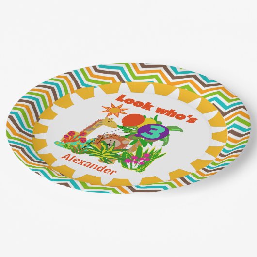 カスタムサファリ3番目のハッピーバースデー紙プレート ペーパープレート (アングル)