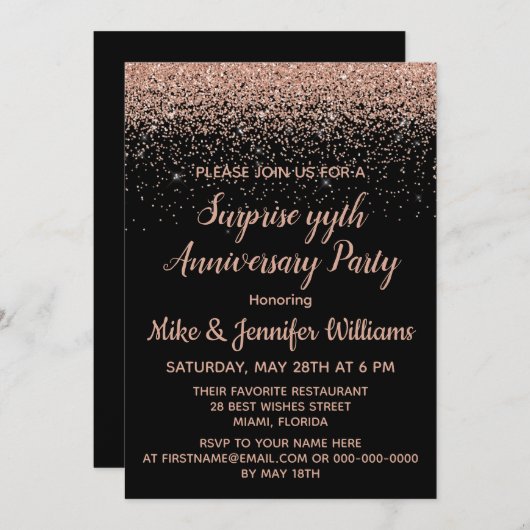 カスタムサプライズ記念日パーティー ブラック ローズ ゴールド 招待状 (正面/裏面)