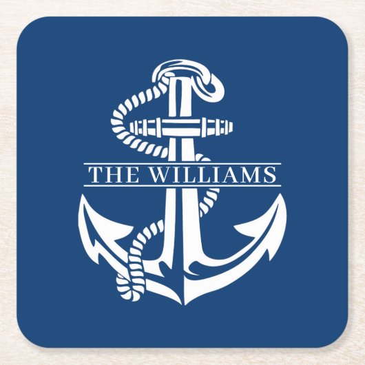 カスタムサマリーホワイト航海のいかりオンネイビーブルー スクエアペーパーコースター (正面)