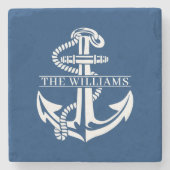 カスタムサマリーホワイト航海のいかりオンネイビーブルー ストーンコースター (正面)