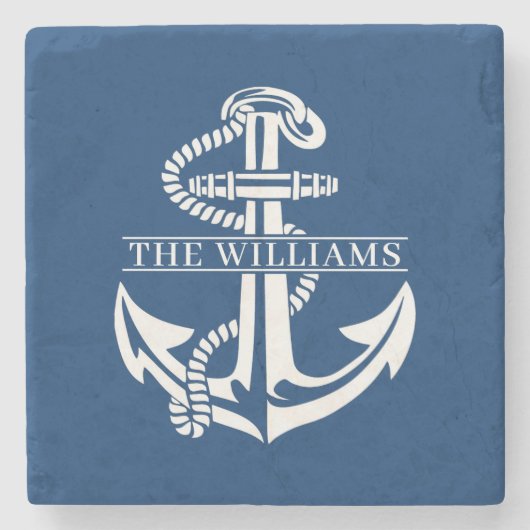 カスタムサマリーホワイト航海のいかりオンネイビーブルー ストーンコースター (正面)