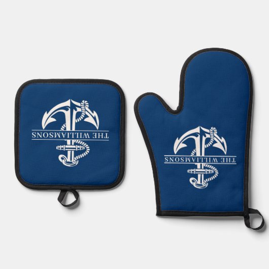カスタムサマリーホワイト航海のいかりオンネイビーブルー 鍋つかみ&鍋敷きセット (正面)