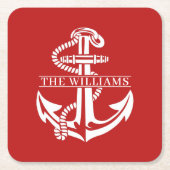 カスタムサマリ白航海のいかりオンダークレッド スクエアペーパーコースター (正面)