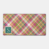 カスタムサマーオレンジピンクティール(緑がかった色)グリーンプレイドパターン デスクマット (正面)