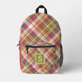 カスタムサマーオレンジピンクティール(緑がかった色)グリーンプレイドパターン プリントバックパック (正面)