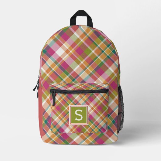 カスタムサマーオレンジピンクティール(緑がかった色)グリーンプレイドパターン プリントバックパック (正面)