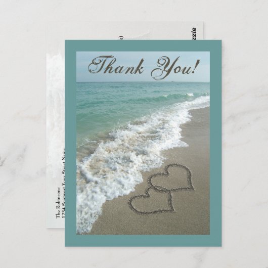 カスタムサンキューポストカード – 砂ハート/アクアビーチ ポストカード (正面/裏面)