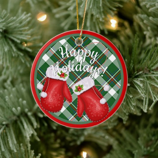 カスタムサンタクロースMittens赤い緑の格子模様 セラミックオーナメント (ツリー)