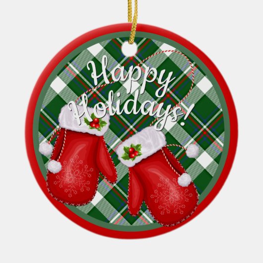 カスタムサンタクロースMittens赤い緑の格子模様 セラミックオーナメント (正面)