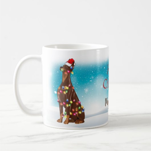 カスタムサンタハットメリークリスマスドバーマン恋人 コーヒーマグカップ (左)