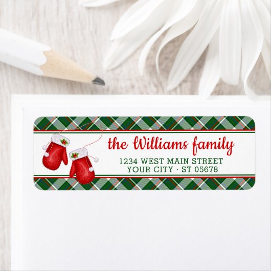 カスタムサンタレッドミッテンレッドグリーンプレイドパターン ラベル (インサイチュ)