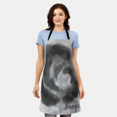 カスタムシグネチャー白黒の水色フローラ エプロン (着用した状態)