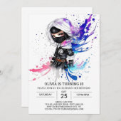 カスタムシック忍者ガール誕生日 招待状 (正面/裏面)