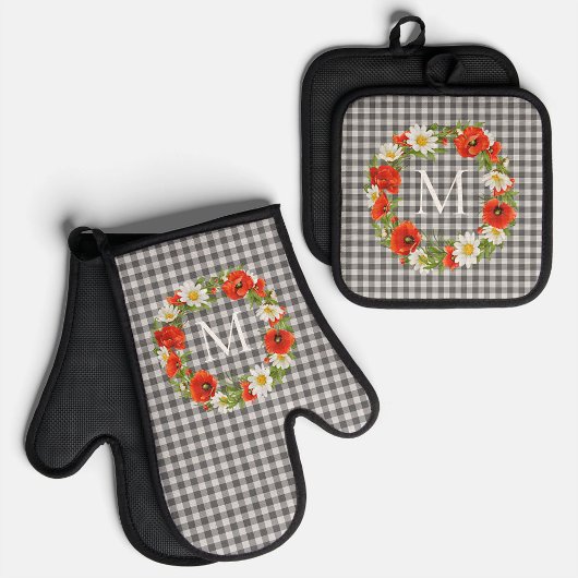 カスタムシャビーシックポピーとデイジーリース 鍋つかみ&鍋敷きセット