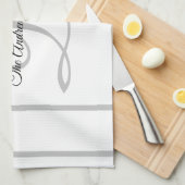 カスタムシンプルグレーホワイトモノグラムファミリー名 キッチンタオル (四つ折り)