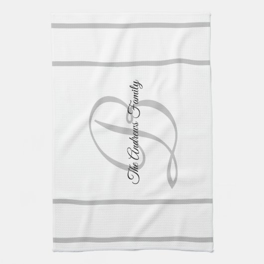 カスタムシンプルグレーホワイトモノグラムファミリー名 キッチンタオル (縦)