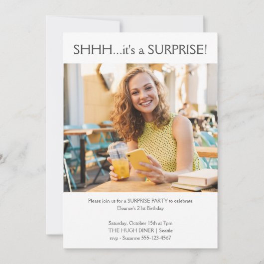 カスタムシンプルフォトサプライズ21歳の誕生日パーティー 招待状 (正面)