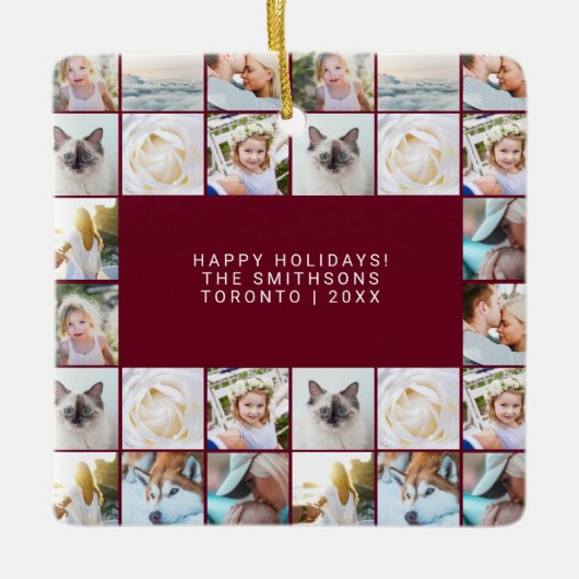 カスタムシンプルミニマルPhoto Collage Grid Burgundy セラミックオーナメント (正面)