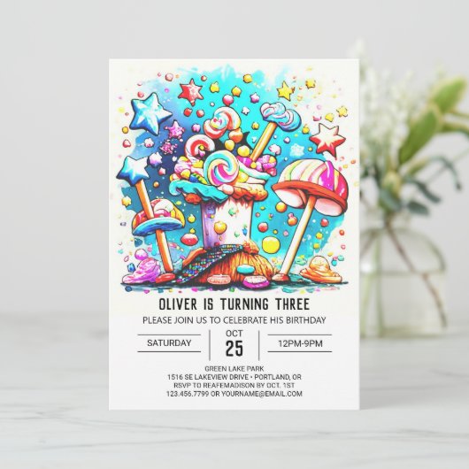 カスタムスウィート棒つきキャンデー誕生日 招待状 (スタンド正面)