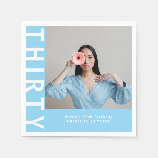 カスタムスカイブルー30th誕生日パーティーナプキンス スタンダードカクテルナプキン (正面)