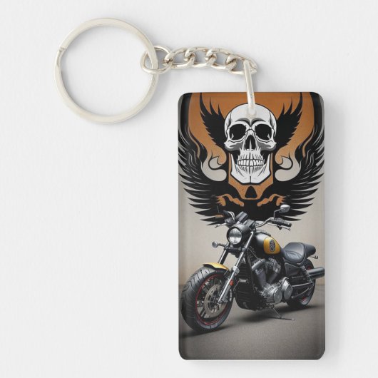 カスタムスカルグラフィック付き自動二輪車 キーホルダー (正面)