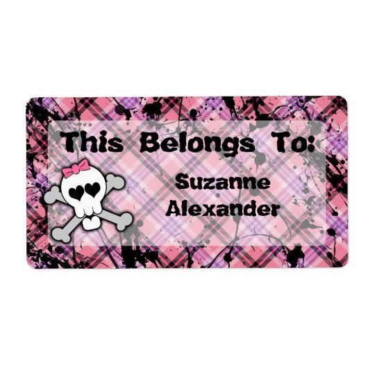 カスタムスカルピンクとブラックのクロスボーンズ付き本または ラベル (正面)