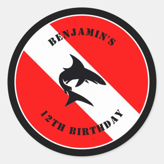 カスタムスキューバダイビング国旗とサメ ラウンドシール (正面)