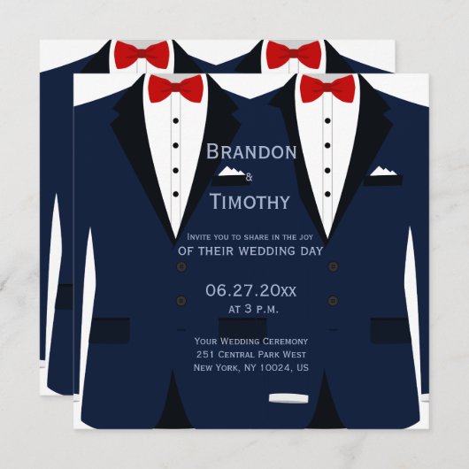 カスタムスクエアブルーとホワイトゲイ結婚式の招待 招待状 (正面/裏面)